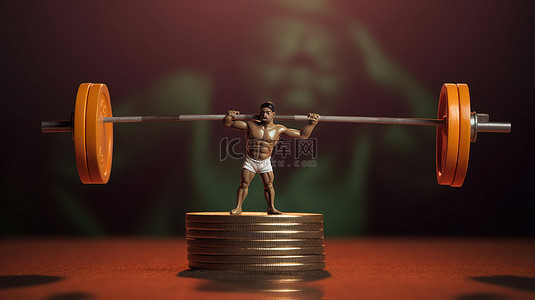 肌肉发达的人举起沉重的印度卢比货币杠铃的 3D 插图