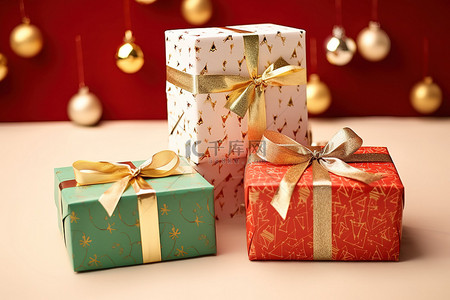 圣诞节的礼物背景图片_桌子上放着三件带有绿色盒子和小玩意的礼物