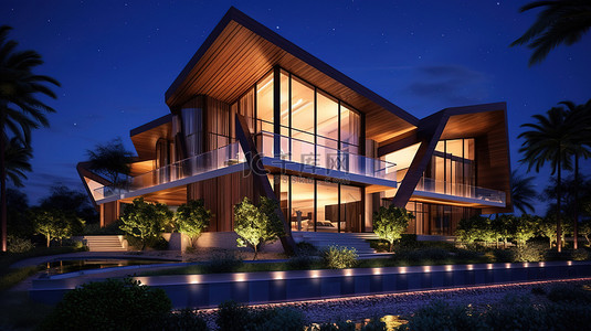 令人惊叹的当代别墅在夜间 3D 可视化