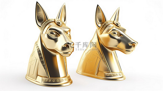 埃及金色背景图片_白色背景中闪闪发光的金色 3d 渲染的两个阿努比斯狗头埃及小雕像