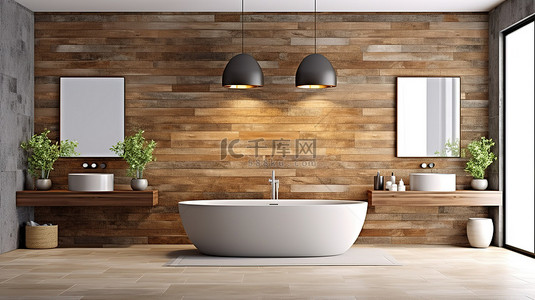石墙浴室中的豪华浴缸配有别致的边桌和木板 3D 渲染