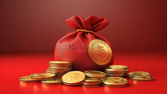红色装饰品手绘背景图片_深红色背景上带有金色中国硬币的豪华红色钱袋 3D 渲染艺术
