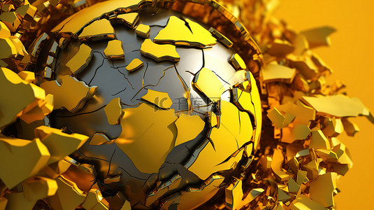 球体线条背景图片_用于横幅设计的抽象黄色背景 3D 插图上的裂纹球体