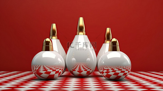 3d 渲染圣诞装饰品白色和金色几何灯泡在红色背景