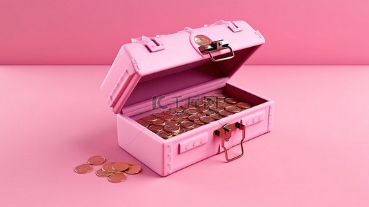 发光金库背景图片_粉红色保险箱的 3D 渲染，粉红色背景上漂浮着硬币和纸币，象征着金融安全通胀和储蓄