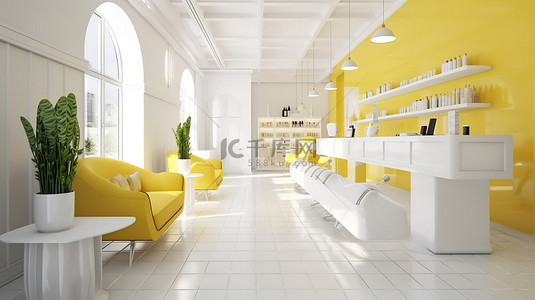 美容院背景图片_3D 渲染中的白色和柠檬色调现代美容院接待处