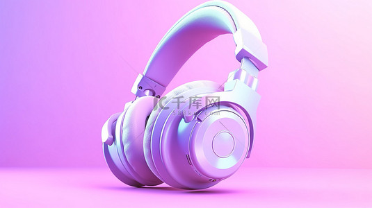 柔和背景上隔离的紫色耳机的简约音乐概念 3D 渲染