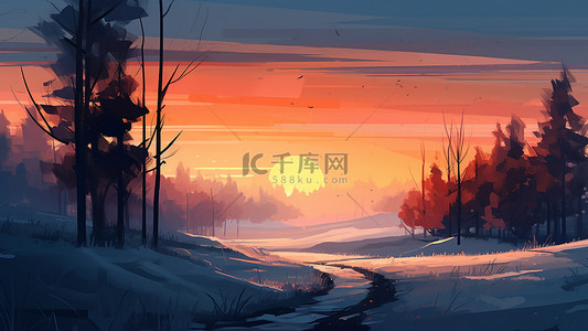 夕阳雪地雪景插画背景