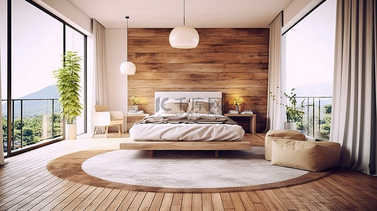 现代卧室灵感宽敞的布局，带阳台通道奶油色地毯和 3D 渲染托盘地板