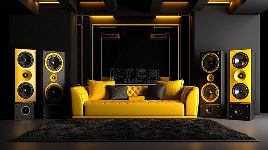 时尚而现代的黑色内饰，配有黑色和黄色沙发高科技扬声器系统和 3D 插图样机框架