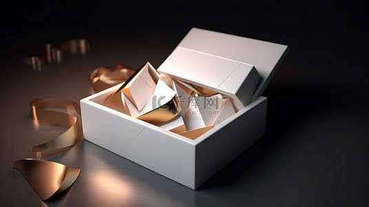 当礼物盒在 3D 渲染概念中打开时，奢华的几何元素和空白纸显露出来