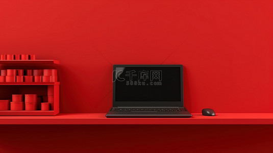 场景办公背景图片_放置在红色架子背景上的笔记本电脑的 3D 插图
