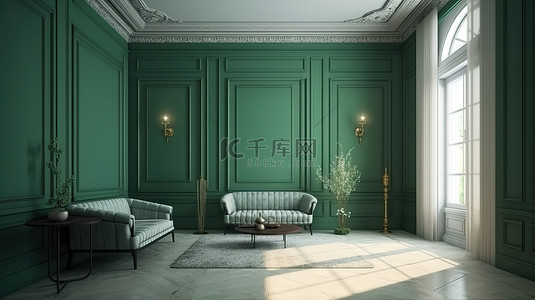 早晨的阳光照亮了豪华的客厅，在 3D 渲染中采用绿色石膏墙造型
