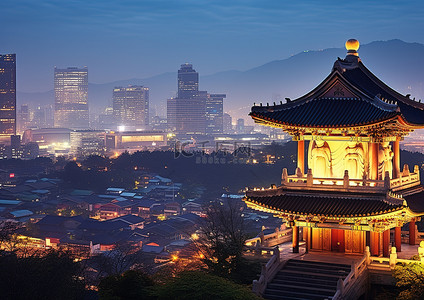韩国城市夜景中的佛教寺庙
