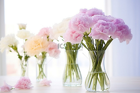 真正的康乃馨插在白色桌子上的透明花瓶中