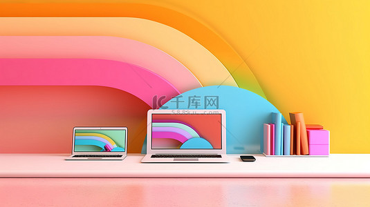 带笔记本电脑手机和平板电脑 3D 渲染的彩色彩虹墙架