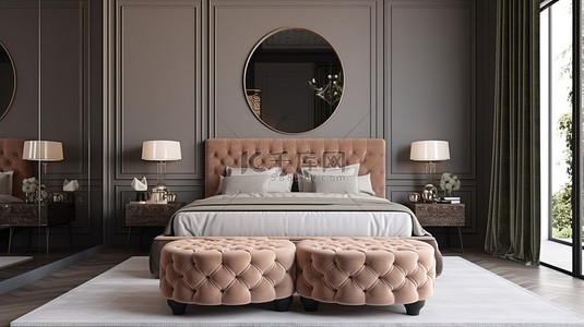 连体坐垫背景图片_带有经典设计风格的豪华卧室 3d 渲染图像，配有坐垫镜和砖墙