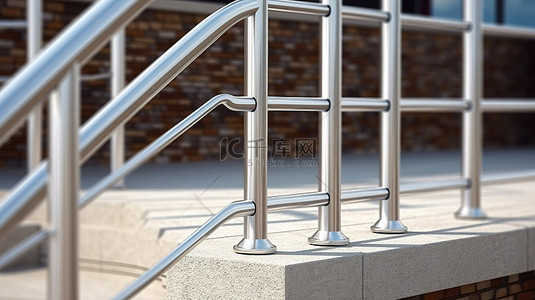 以 3D 渲染的楼梯栏杆和现代建筑的强烈特写