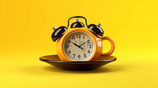 黄色背景的 3D 渲染，配有闹钟和一杯黑咖啡作为咖啡标志