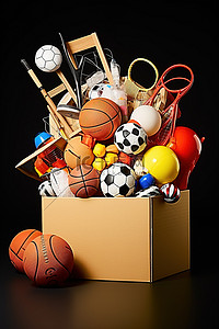 一个装满体育用品的盒子，里面有一个篮球和两根球棒