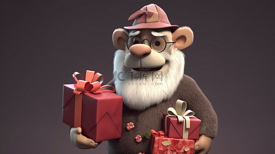 新年人物背景图片_爷爷熊 3D 插图为大家带来快乐的礼物
