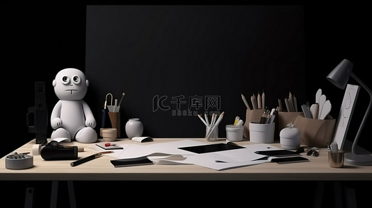 带 3D 渲染平板电脑文具娃娃和黑桌的数字工作区