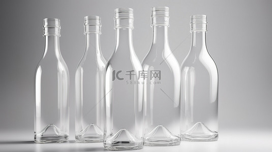 消毒水背景图片_3D 渲染中的一排半透明且无标签的玻璃瓶