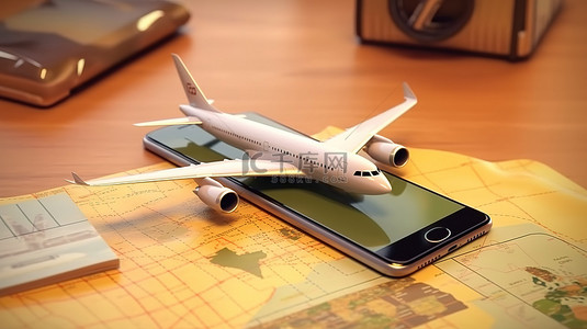 准备您的冒险 3D 渲染飞机，智能手机显示护照和旅游和旅行门票