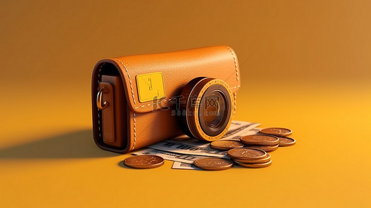钱包弹窗背景图片_浮动钱包纸币和硬币无现金社会的省钱概念以 3d 展示