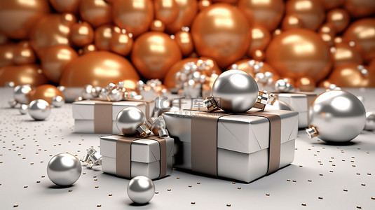 以盒子和球为特色的礼品假日促销横幅的 3D 渲染