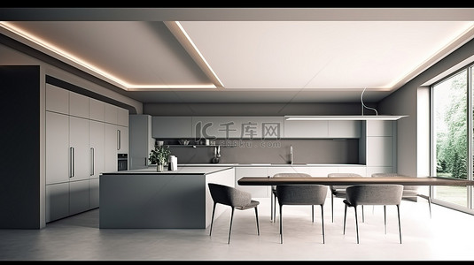 现代厨房室内设计以简约岛和座椅 3D 渲染插图为特色