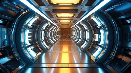 航天器或空间站内部的未来隧道走廊 3D 可视化，具有宽敞的空隙