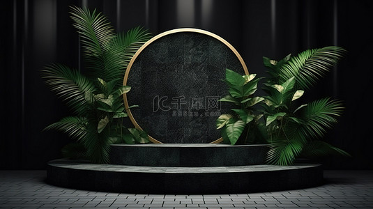 3D 渲染黑色背景与绿色热带花岗岩讲台和几何植物装饰