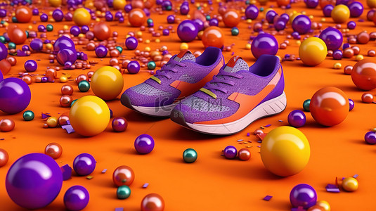 彩色瑜伽背景图片_紫色背景 3d 渲染上的彩色球环绕哑铃跑鞋和橙色毛巾