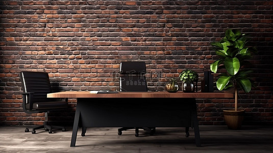 电脑办公桌面背景图片_时尚而现代的办公环境 3D 渲染办公桌上的电脑，黑色皮椅靠在砖墙上