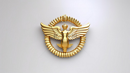 健康徽章背景图片_3D 渲染白色背景，带有金色徽章，带有标志性的医疗杖符号