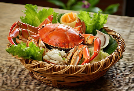 篮子里的螃蟹，配上蔬菜和椰子