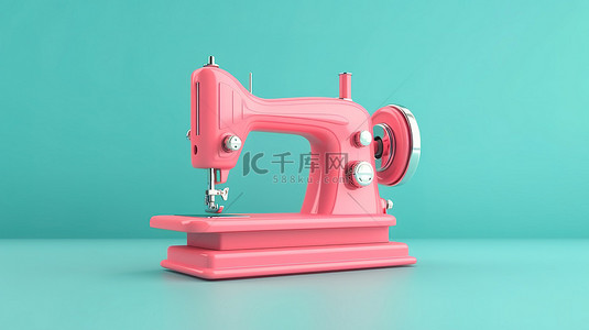 蓝色下拉背景图片_3D 创建的蓝色背景下粉红色的现代缝纫机