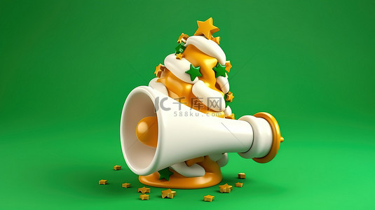 黄色快乐背景图片_绿色背景的 3D 插图与白色冰圣诞蛋糕和飞行黄色扩音器