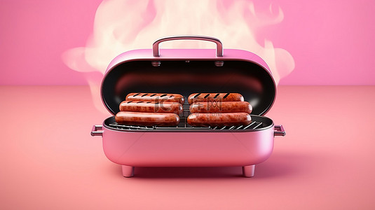 粉红色背景上的铁板烟熏烧烤架，配有四根美味香肠 3D 渲染插图