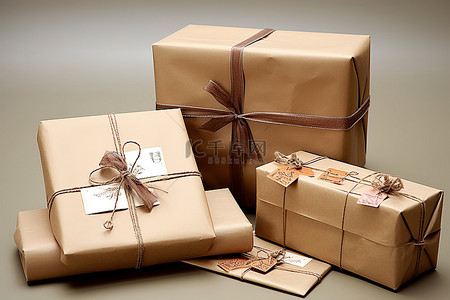 带包装纸和蝴蝶结的包裹和信封
