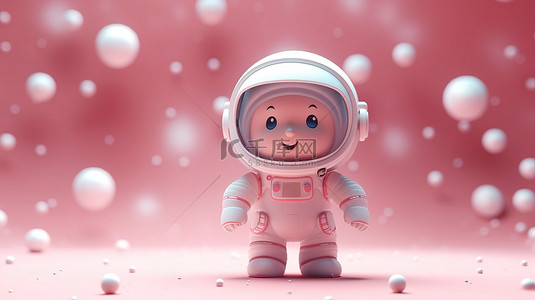 异想天开的宇航员侏儒在柔和的粉红色宇宙中的冒险有趣的 3D 设计