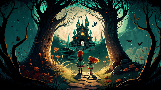 森林背景梦幻背景背景图片_女孩森林城堡梦幻插画