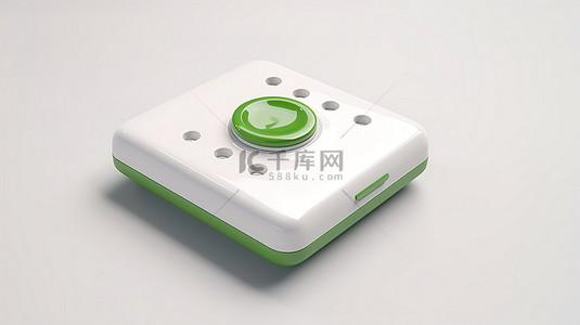 方形白色 3D 渲染中的老式电话听筒图标按钮，绿色键隔离在白色背景上