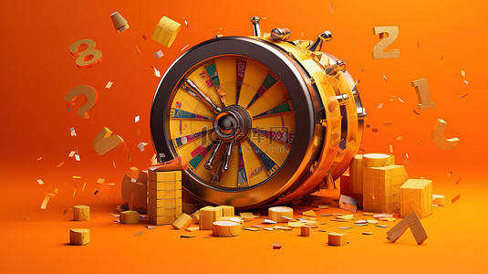 橙色背景的 3d 轮盘赌和老虎机是节日的组合