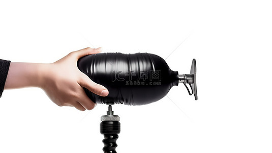 白色背景展示 3D 渲染的黑色手动泵充气美元气球
