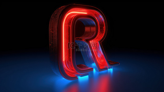 明亮的霓虹红色大写字母 r 与 3D 渲染中的蓝色背景形成鲜明对比