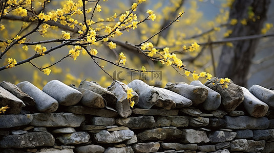 花园里的岩墙 后面有一朵黄色花的墙