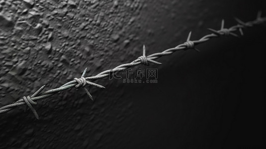 白色纹理墙背景图片_带刺铁丝网的灰色背景下铁丝网边界保护的 3D 渲染