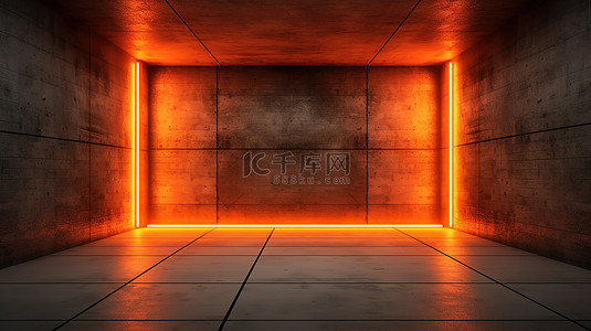 医务人员职业防护背景图片_3D 渲染一个空房间，有混凝土墙和醒目的橙色霓虹灯